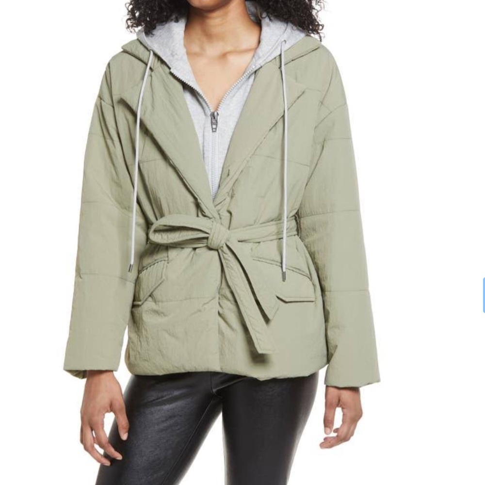 Blank NYC Hooded Quilted Wrap Jacket in Green